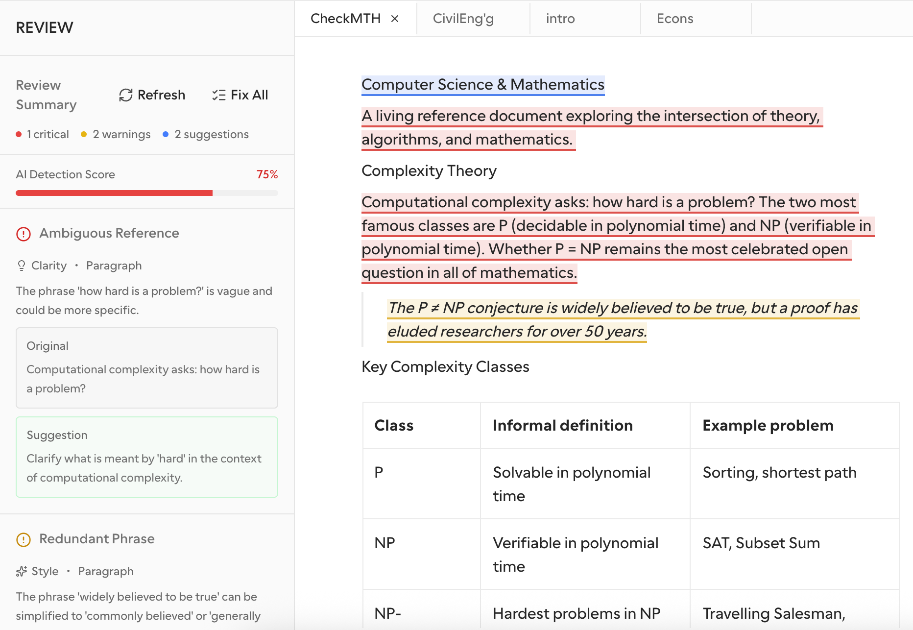 AI Detection with color-coded highlights